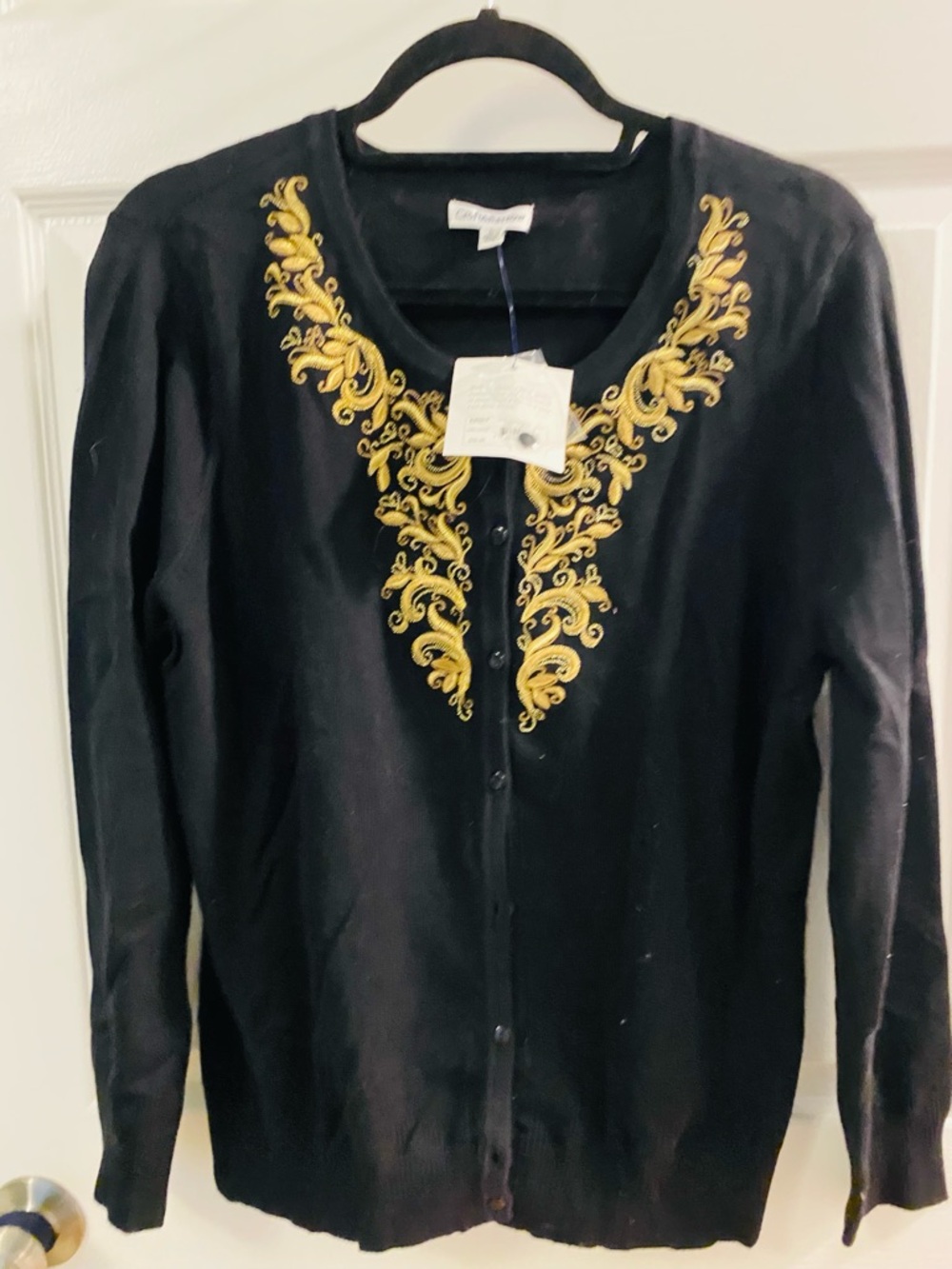 Croft & Barrow Black Cardigan with Gold Scroll Embroidery